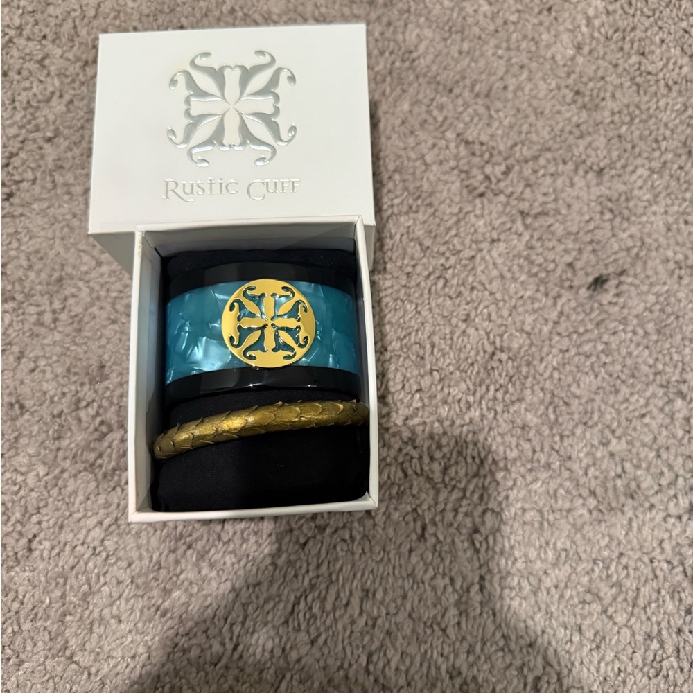 Rustic Cuff Turquoise and Gold Bracelet Duo